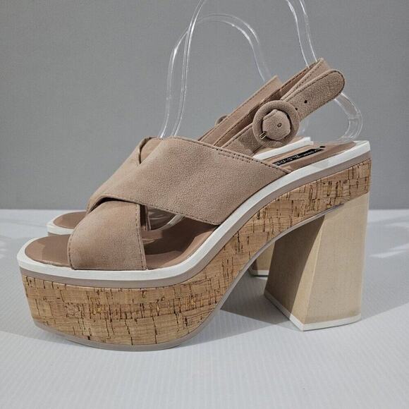 NEW Vince Camuto Celosia Platform Womens 8.5 Beige Suede Slingback Sandal Heel - Picture 1 of 13